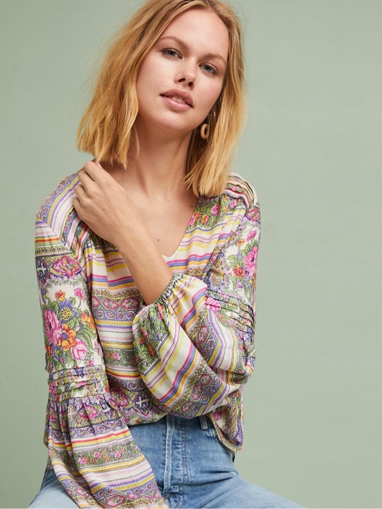 Anthropologie Tops - Anthropologie Maeve size S  Floral Stripe V-Neck Peasant Blouse